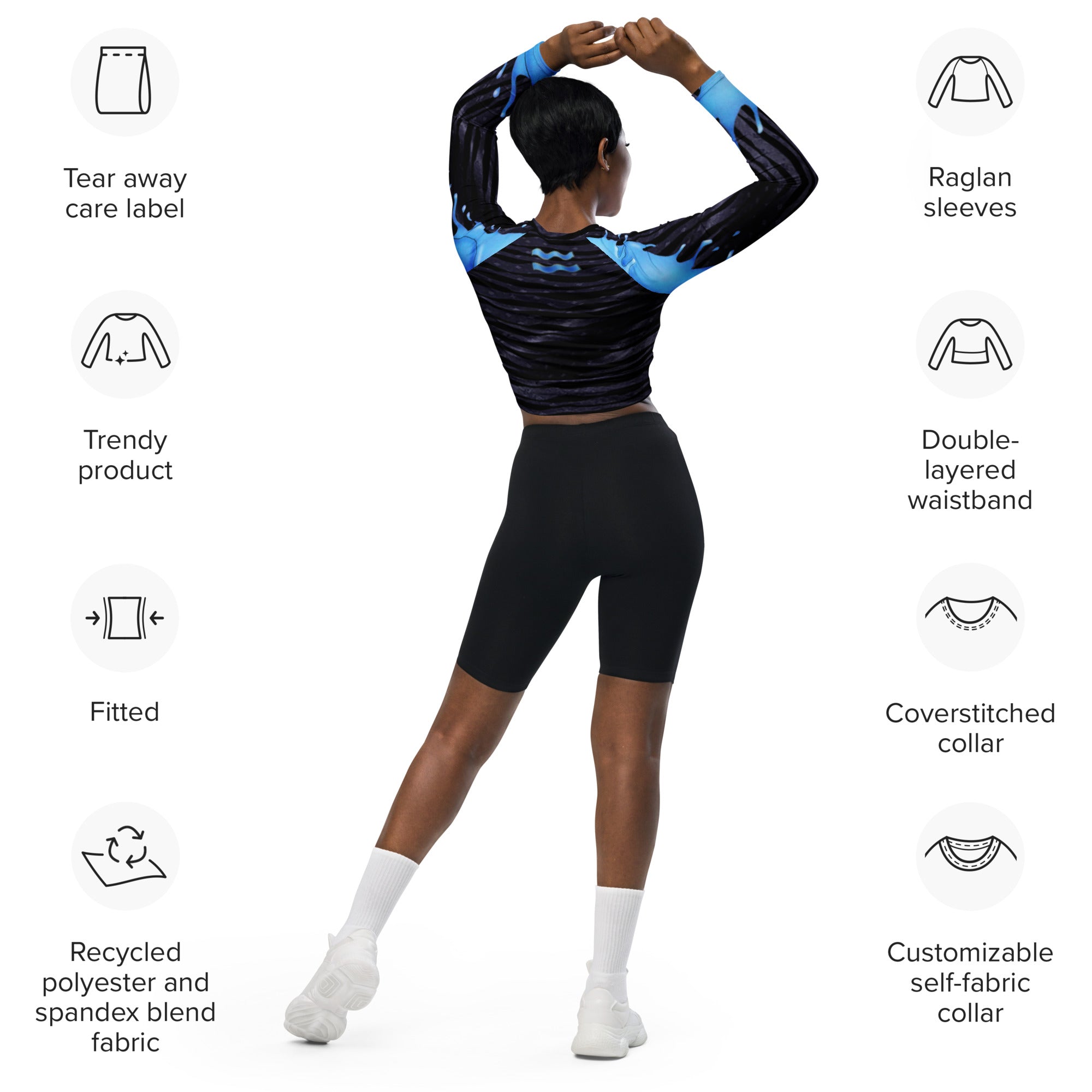 Recycled Long-Sleeve Crop Top- Gym Wear or Streetwear for Aquarius- "Cosmic Aqua" by WickedYo.